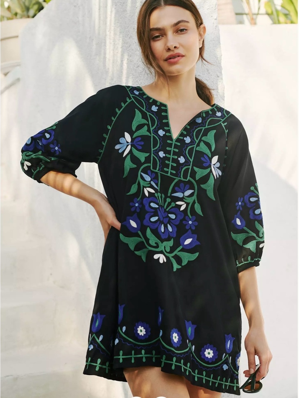 Roller Rabbit Lavandou Grace Dress in black with vibrant blue & green embroidery